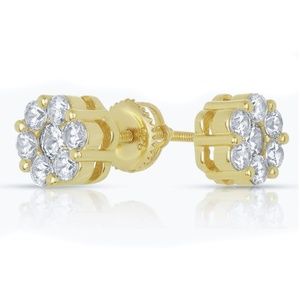 Unisex Yellow Gold Elegant Silver Flower Cute Iced Cluster Screw Back Earrings